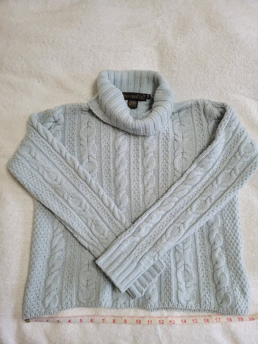 Inis Crafts of Ireland - 100% Merino Turtle Neck Sweater Light Blue/Grn